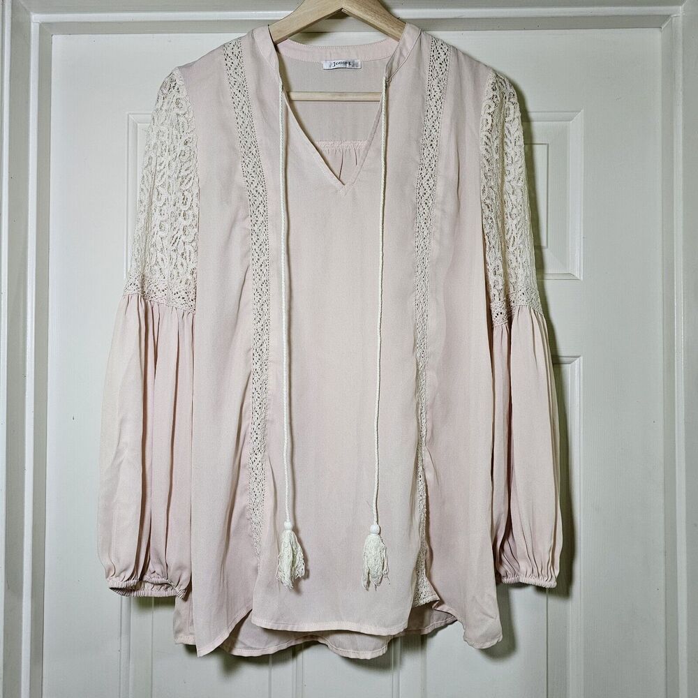 Jodifl Balloon Sleeve Drape Tassels Lace Insets Tunic Blouse Peach Size M
